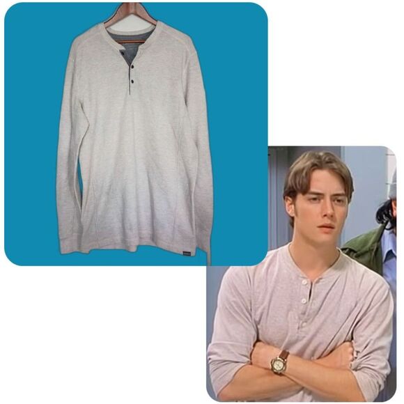 ASO Mallrats TS Men's Thermal Waffle Knit Henley Oatmeal Heather LT Y2K 90s - Picture 1 of 8